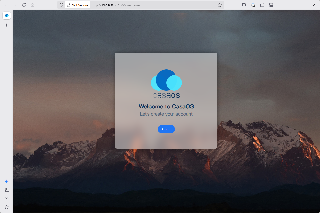 CasaOS initial welcome screen showing a blue 'Go' button to start the setup