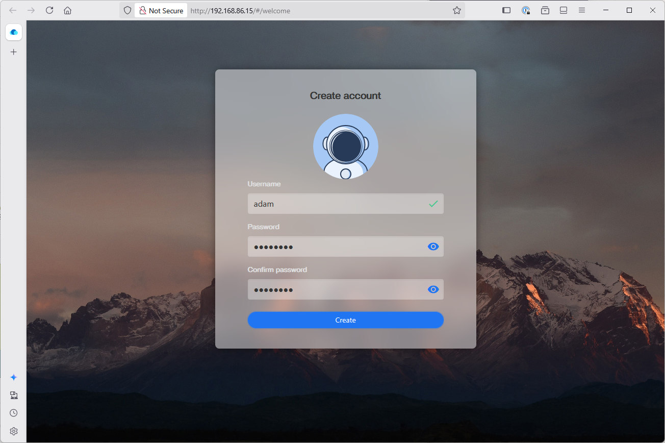 CasaOS create account screen showing fields to enter a username and password and password confirmation