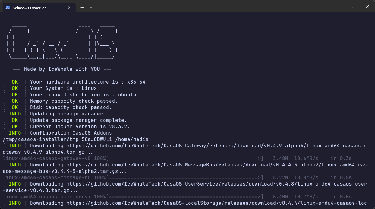The CasaOS installer script starting