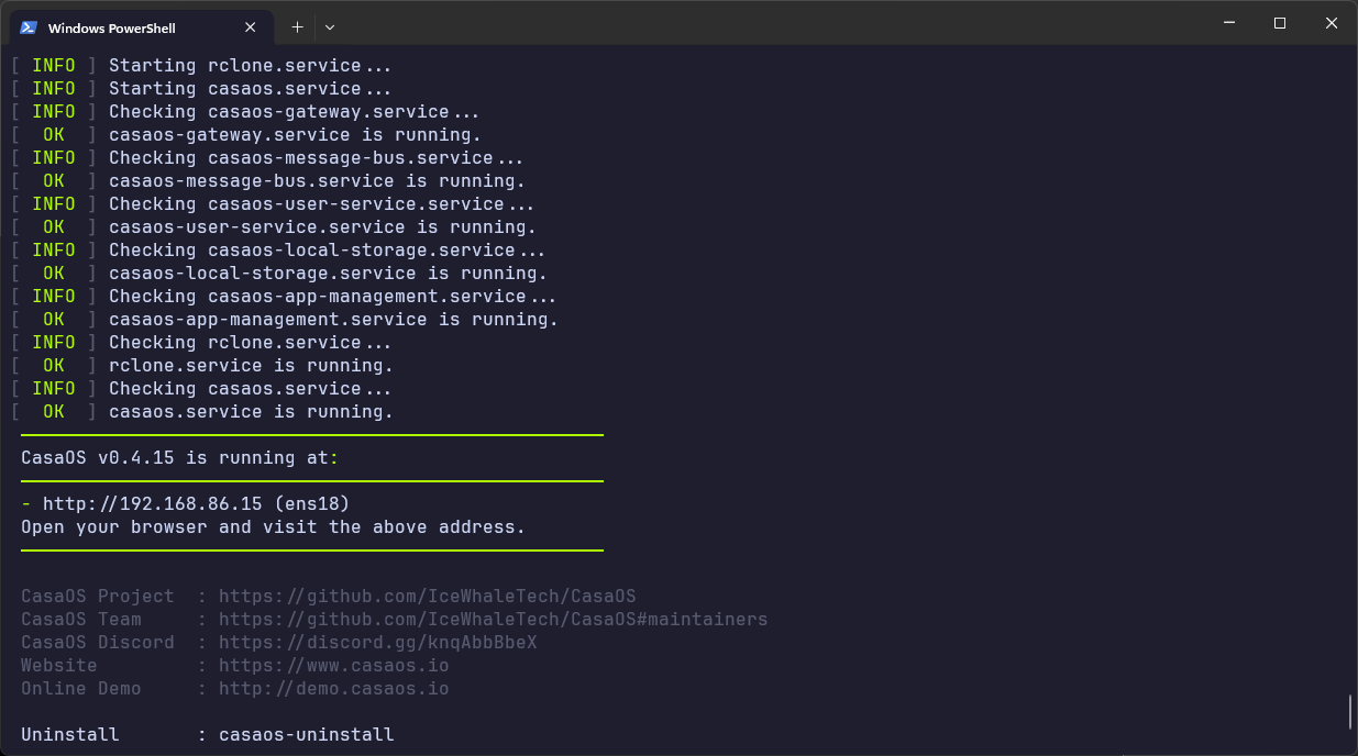 The CasaOS installer script completed successfully