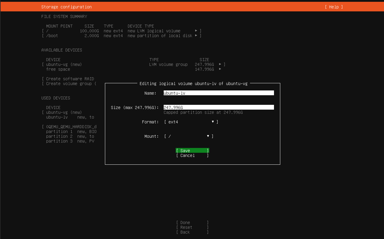 ubuntu installer file system summary with 'create logical volume' selected