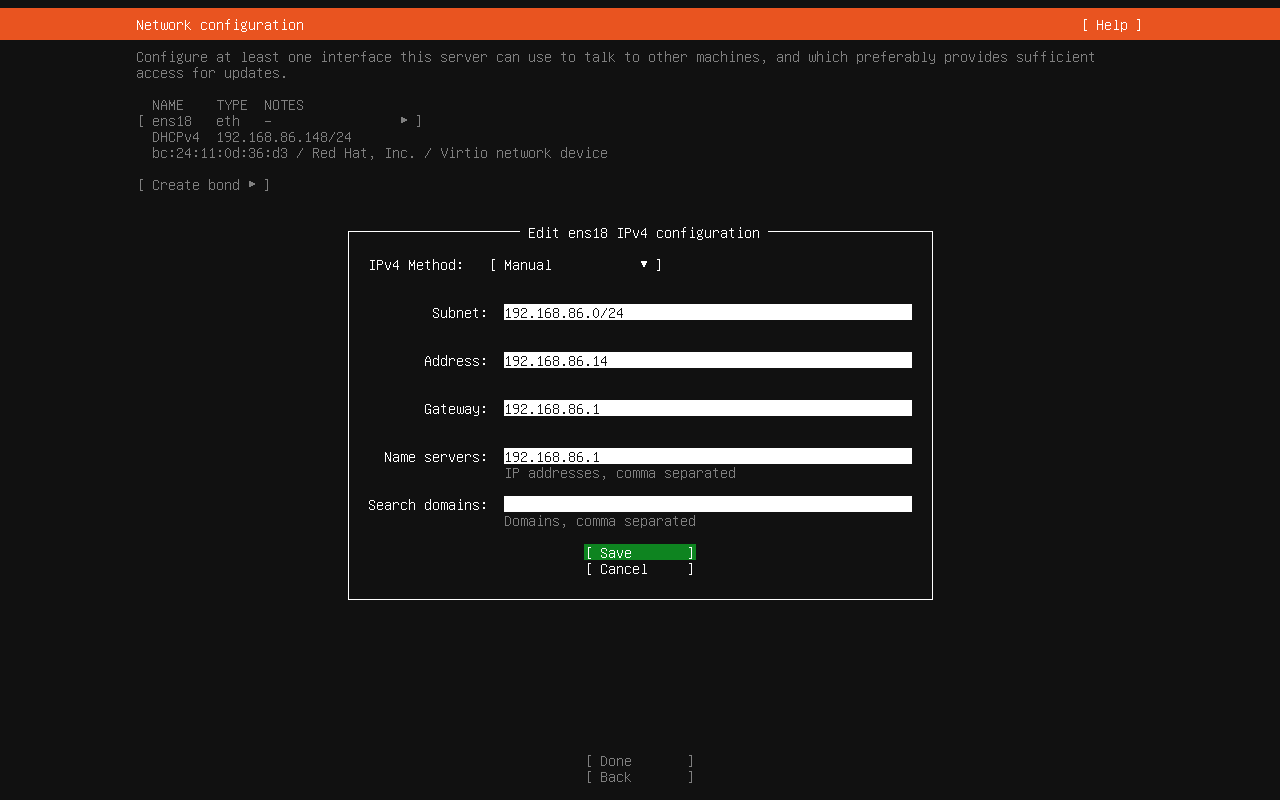 the manual network configuration form